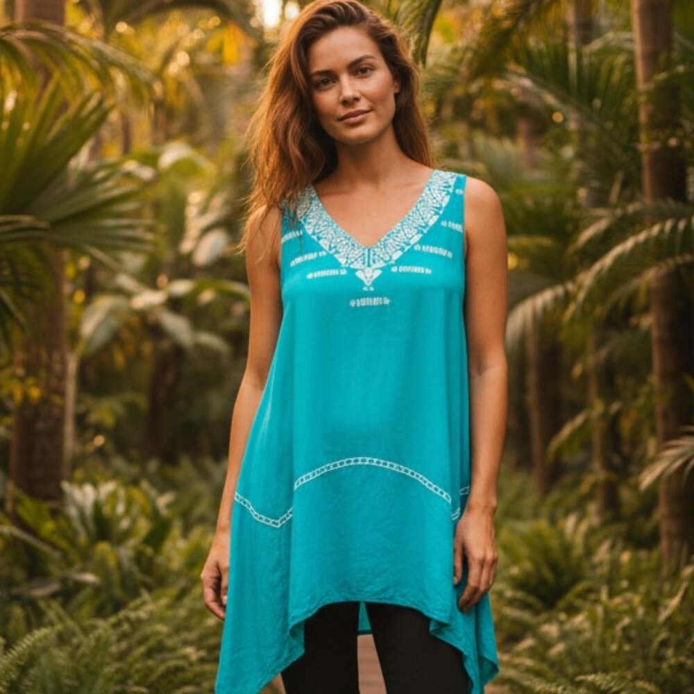 THML Sleeveless Cross-stitch/Embroidered Tunic Dress XS Turquoise/Teal #235i‎